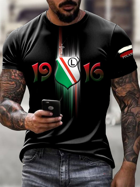 Męski Vintage Polski Warszawa Klub Piłkarski Abstrakcyjny Art Print Casual T-Shirt
