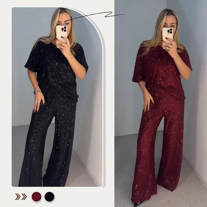 🌸Damski top z cekinami i luźne spodnie