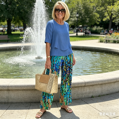 Damski Komplet: Luźna Góra z Okrągłym Dekoltem i Krótkim Rękawem z Nadrukiem + Spodnie