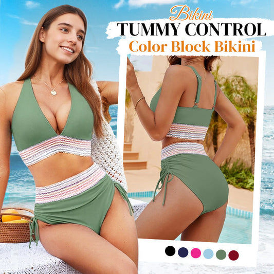👙Magas derekú haskontrollos színblokkos bikiniszett