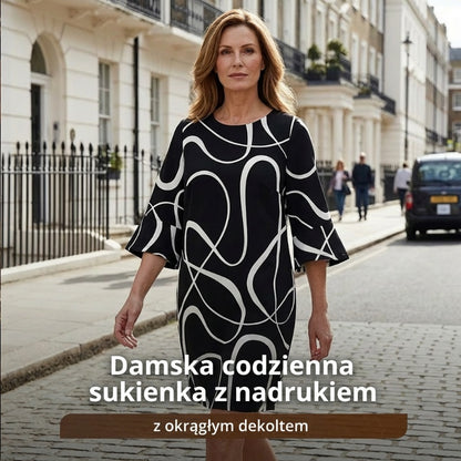 🌸 Sukienka z nadrukiem z okrągłym dekoltem i rękawem siedem czwartych