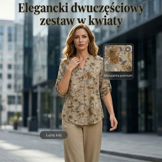 Dwuczęściowy damski zestaw składający się z bluzki w kwiaty i spodni z szerokimi nogawkami