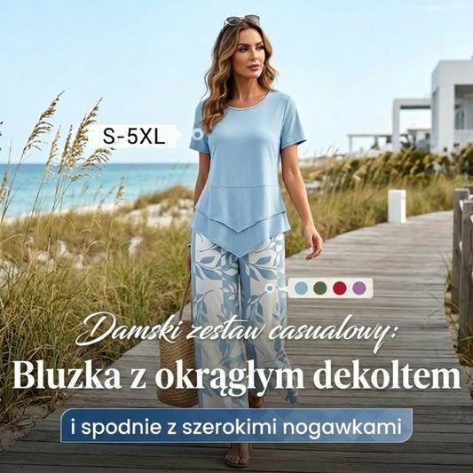 Dwuczęściowy zestaw damski – warstwowa tunika o asymetrycznym kroju