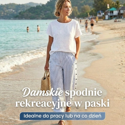 🌿🌸 Wygodne spodnie w niebieskie paski z kieszeniami po bokach