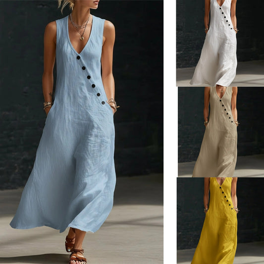 🌼 Nowość 2026 – Długa sukienka damska bez rękawów z dekoltem w serek i kieszeniami 🌸