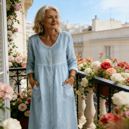 Damska sukienka midi z lnu, o swobodnym kroju, z dekoltem w serek i guzikami