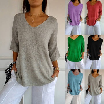 🔥🥰 Jednokolorowy dzianinowy top z dekoltem w szpic