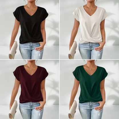 👚Elegancka koszulka z krótkim rękawem i dekoltem w serek, z efektem skrętu
