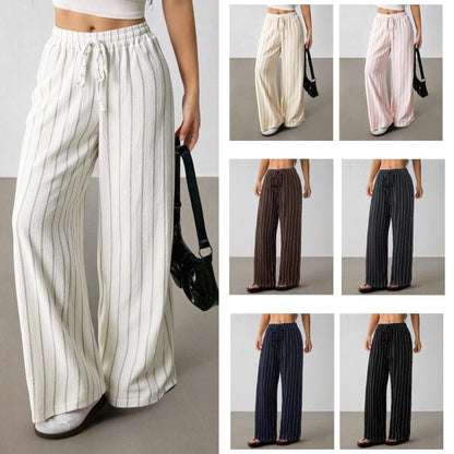 👖Damskie spodnie z szerokimi nogawkami w paski i sznurkiem w pasie – lekkie, oddychające i z regulowanym pasem, idealne na stylowe, swobodne stylizacje ✨🍃