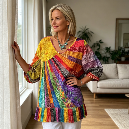 Női retró patchwork V-nyakú blúz