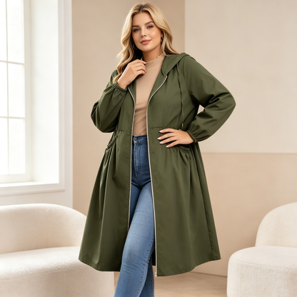 🧥✨ Női Plus Size Cipzáras Kapucnis Hosszú Kabát – Megkötős Derék, A-vonalú Szabás & Karcsúsító Elegáns Viselet