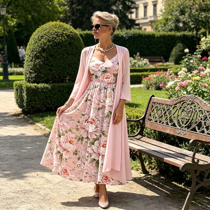 Elegancki, dwuczęściowy damski zestaw sukienkowy w kwiatowy wzór