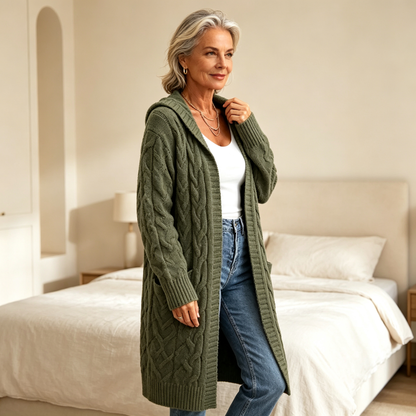 🍃✨ Női Hosszú Kapucnis Fonott Kötött Kardigán – Oversized Meleg Szabás, Zsebekkel & Elegáns Őszi-Téli Viselet