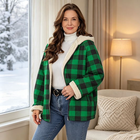 ❄️🧥 Női Kockás Vastagított Cipzáras Kapucnis Dzseki – Báránybőr Bélés, Extrém Meleg & Karácsonyi Téli Viselet