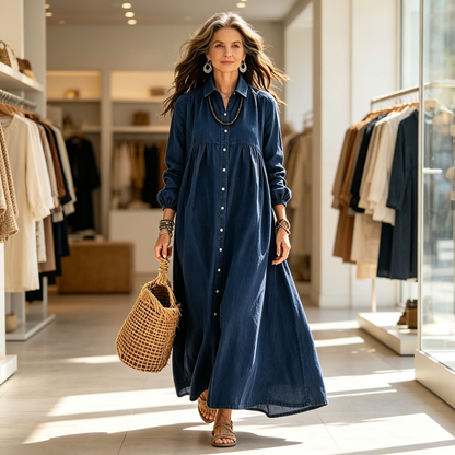 👗✨ Női Lenvászon Keverék Maxi Ingruha – Légáteresztő A-vonalú Szabás & Könnyed Elegancia