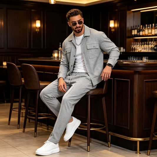 🔥 Férfi Gofri Mintás Gombos Dzseki és Nadrág Szett – Légáteresztő Anyag, Laza Szabás & Könnyed Stílus Minden Napra 👕👖