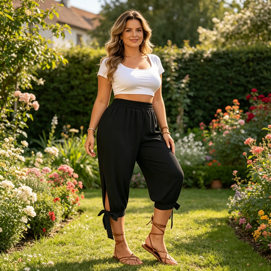 👖Women's Elastic Waist Capri Pants – Breathable, Stretchy, Side Tie Detail 🌿