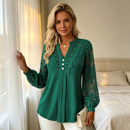 🎀✨ Női Csipkebetétes V-nyakú Hosszú Ujjú Felső – Elegáns & Nőies Stílus