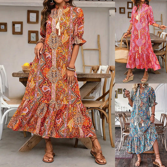 V-nyakú bohém oldalhasított bő szabású ruha👗