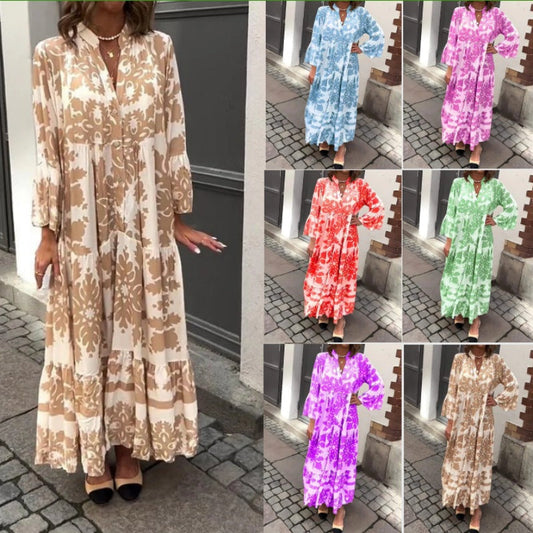 🌸 Sukienka maxi z nadrukiem w stylu bohemy i dekoltem w serek