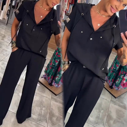 💃🌸 Dwuczęściowy zestaw bluzki i spodni z kapturem i dekoltem w szpic, krótkie rękawy