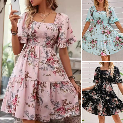 🌺Elegancka sukienka z kwadratowym dekoltem w kwiaty