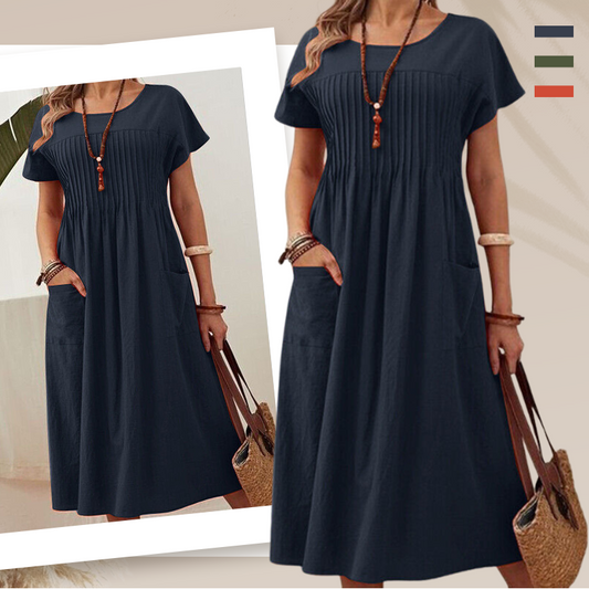 👗 Damska plisowana sukienka z krótkim rękawem i kieszeniami – z miękkiej mieszanki bawełny i lnu Blend ☀️👜