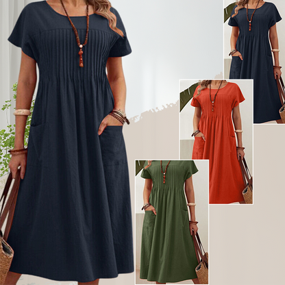 👗 Damska plisowana sukienka z krótkim rękawem i kieszeniami – z miękkiej mieszanki bawełny i lnu Blend ☀️👜