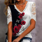 【Vásároljon 1et és kapjon 1et ingyen】👚Csipkés patchwork nyomtatott rövid ujjú felső