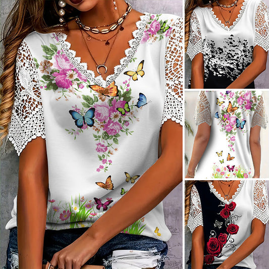 【Vásároljon 1et és kapjon 1et ingyen】👚Csipkés patchwork nyomtatott rövid ujjú felső