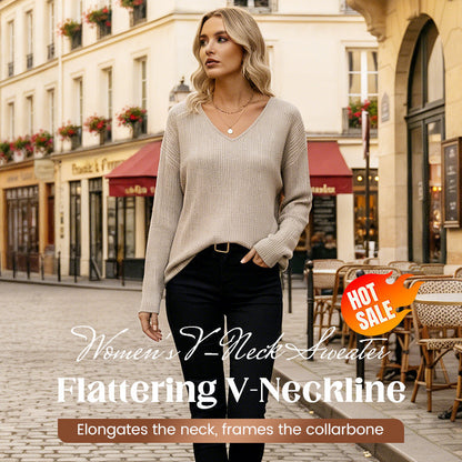 🎀 Elegáns hátrészlet | Női V-nyakú kötött pulóver