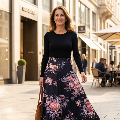 Damska sukienka z długim rękawem i wstawkami w kwiatowy wzór