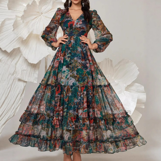 Romantyczna sukienka w kwiaty z dekoltem w serek i rękawami typu „lantern”