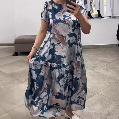 🌸Luźna sukienka w kwiaty z okrągłym dekoltem i krótkim rękawem