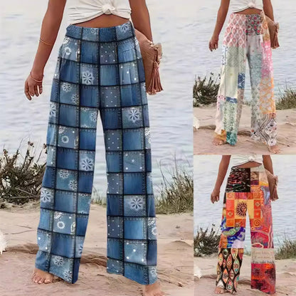 👖 Damskie spodnie z szerokimi nogawkami w patchworkowy wzór
