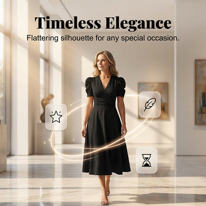 👗 Elegáns Puffos Ujjú Ruha – V-nyak, Magas Derék, Homokóra Sziluett ✨