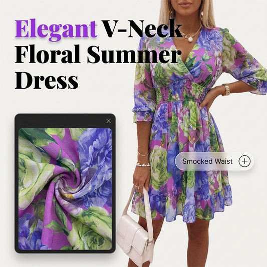 Damska sukienka o kroju litery A z kwiatowym wzorem, dekoltem w serek i falbaną u dołu