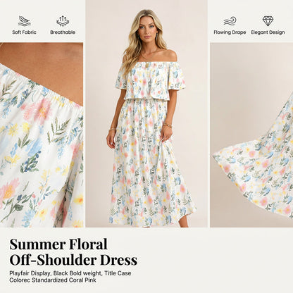👗  Sukienka maxi z odkrytymi ramionami i krótkim rękawem – w kwiatowy wzór, marszczony stanik i ukryte kieszenie ✨