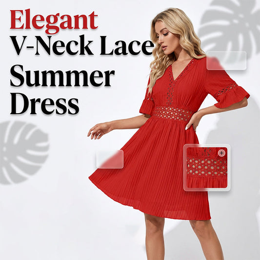 Elegancka sukienka z dekoltem w serek i koronkowymi wycięciami