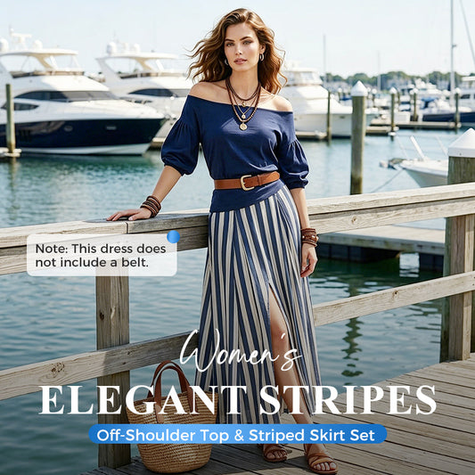 Zestaw damski: bluzka z odkrytymi ramionami i spódnica w paski