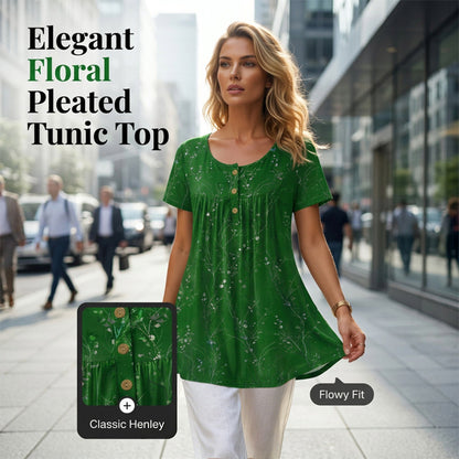 Damski top tunika w kwiatowy wzór z plisowaniem