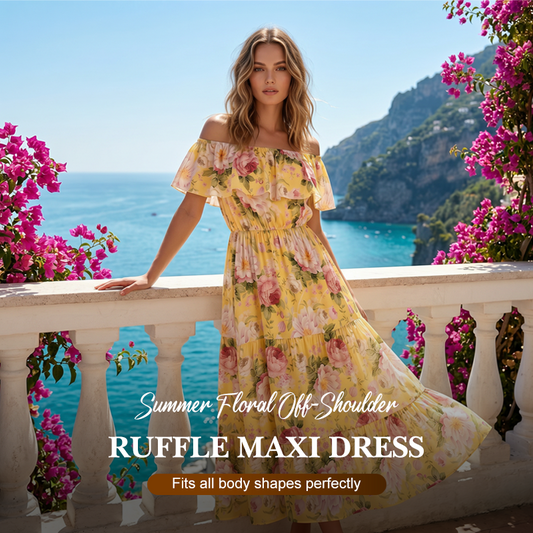 👗 Letnia sukienka maxi w kwiaty z odkrytymi ramionami i falbanami – elegancka, zwiewna i idealna na słoneczne dni 🌸☀️