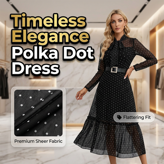 Elegancka sukienka midi w groszki z wiązaniem pod szyją