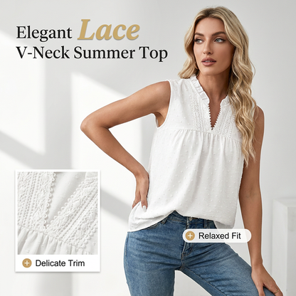 👚Top w groszki bez rękawów – koronkowy dekolt w szpic, marszczony, krój babydoll 🌼