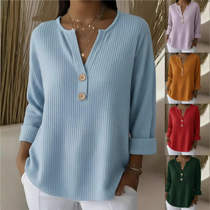 👚Top Pick - V-nyakú Henley felső gofrimintával – Légáteresztő anyag és sokoldalú egyszínű árnyalatok 🌿