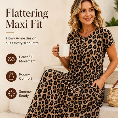 👗 Női Leopárdmintás Maxi Ruha Zsebekkel, Casual Rövid Ujjú Hosszú Ruha