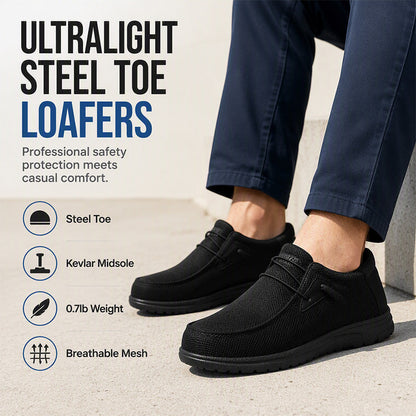 Férfi és női alkalmi slip-on acél orrvédős biztonsági mokaszin