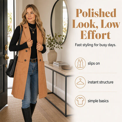 🧥✨ Női Elegáns Ujjatlan Hosszú Kabát – Velúr Hatású, Karcsúsító Szabás & Vintage Stílus