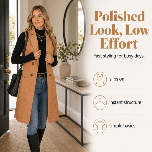 🧥✨ Női Elegáns Ujjatlan Hosszú Kabát – Velúr Hatású, Karcsúsító Szabás & Vintage Stílus