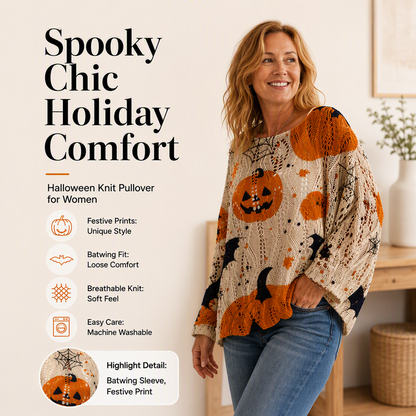 🎃 Legújabb dizájn | Női Halloween-i tökös mintás denevérszárnyú kötött pulóver